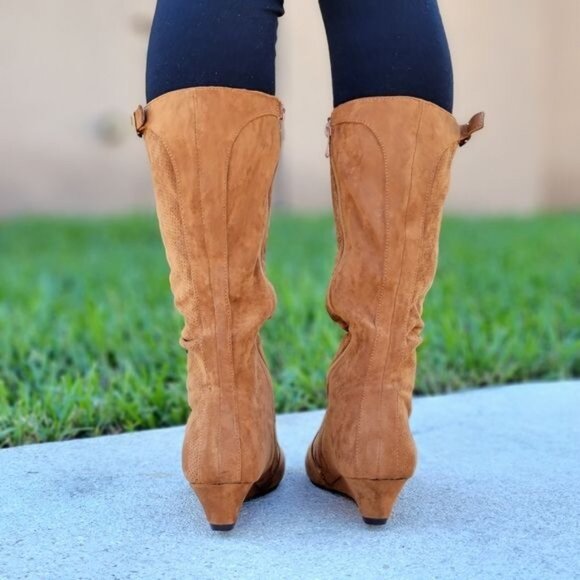 Women's Tan Wrinkle Finish Calf Length Pull On Boots Rounded Toe - Picture 4 of 6